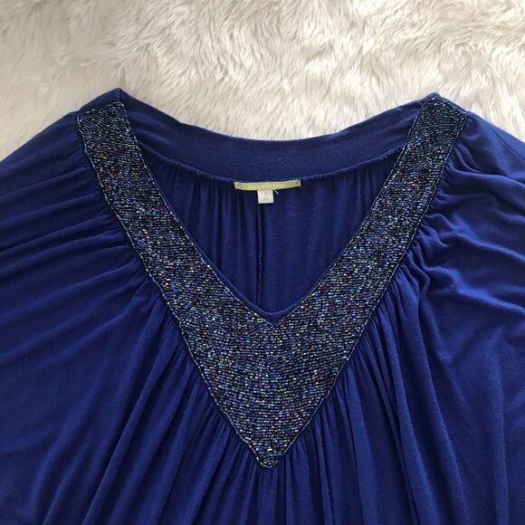 GIANNI BINI Beaded Mini Tunic Dress Deep V Neckline Batwing Sleeve Blue Small - Picture 3 of 12